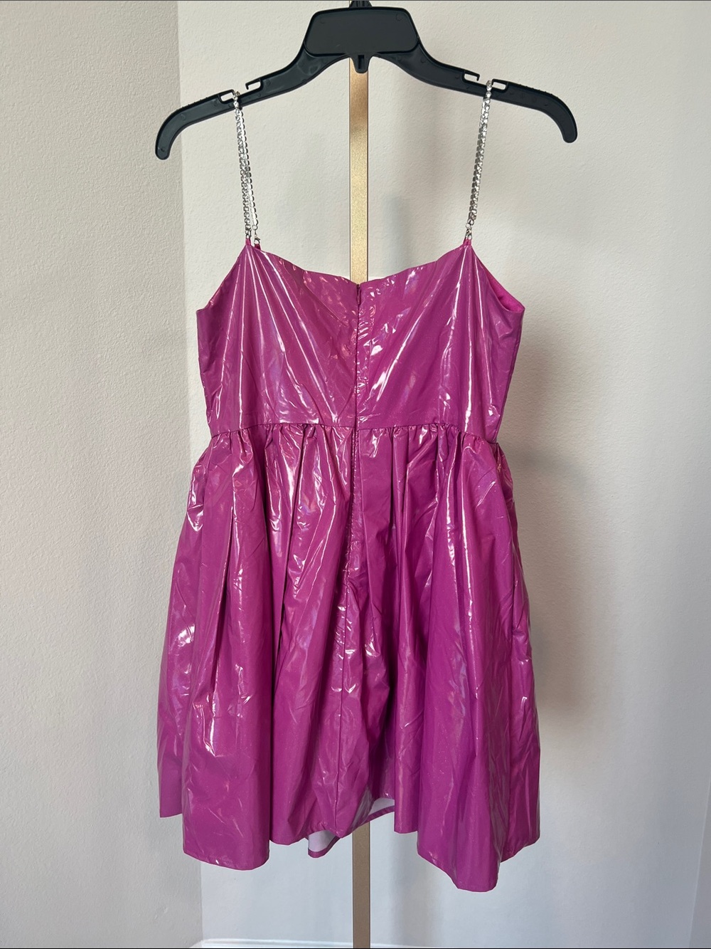 QUEEN OF SPARKLES Hot Pink Shiny Midi Dress with Chain Straps - Picture 3 of 4